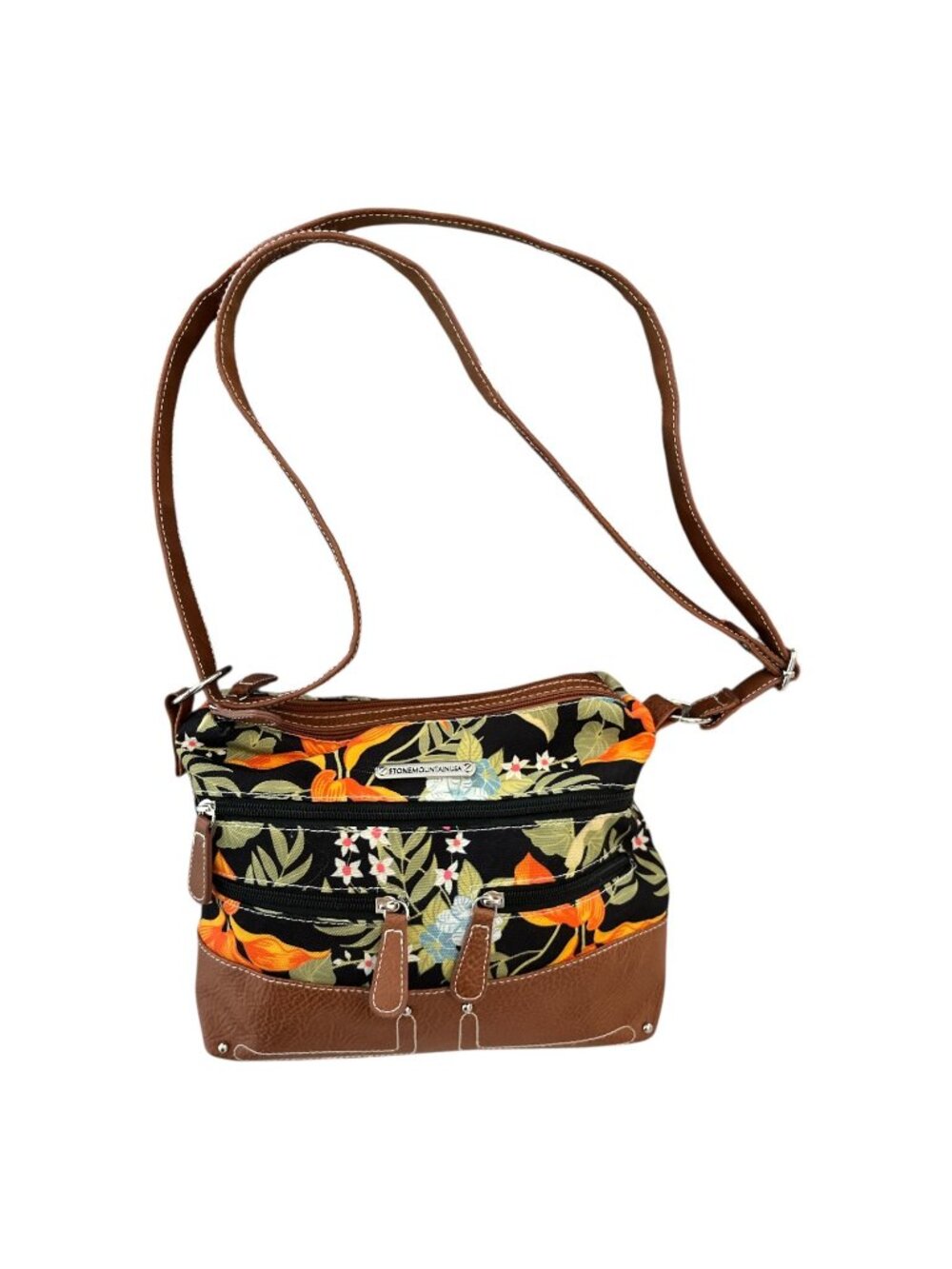 Stone Mountain Floral Tropical Print Crossbody Purse Brown Faux Leather Bag See